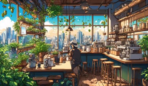 Coffee shop the coffee beans grower and the city automsphere