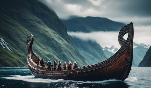 viking ship between fjords with Odin and Thor