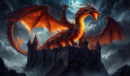 Epic Brimstone Dragon on Castle with Dark Skies