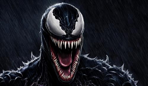 Venom from 2018 movie, dark background, long tongue, sharp teeth