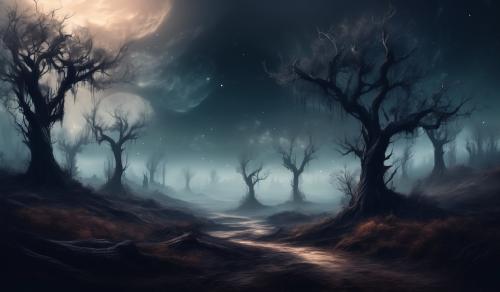 A dark and scary landscape with a few withering trees