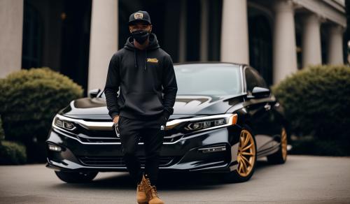 Black male, slim body frame, bald head, Nationals baseball cap on, Polo sweat hoody, face mask, Timberland boots, standing beside a black 2022 honda accord in DC