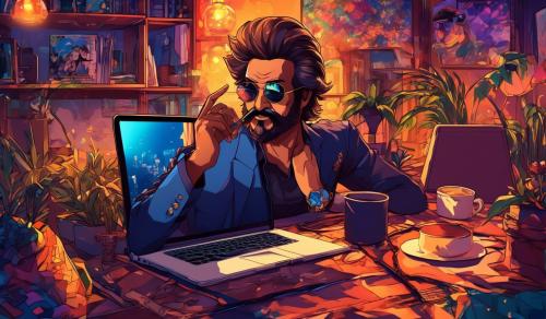 Create the man with beard and mustche sitting with laptop skil clour dusky and Name is Rajinikanth VAdla