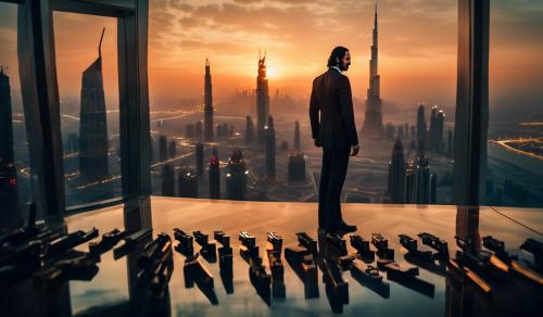 John wick salutes agent 47, on top of burj khalifa at sunset, with their pistols on the floor.