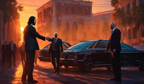 John wick shakes hands with hitman,also known as agent 47, at sunset in constantinople