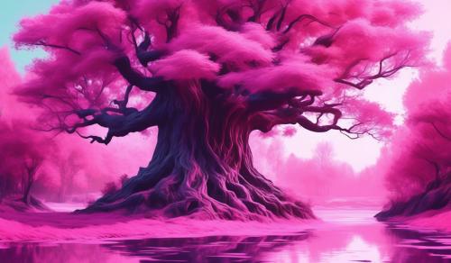 big tree,river, glitch pink color shade