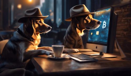 dog with hat drinking coffee by a computer looking at bitcoin on a computer