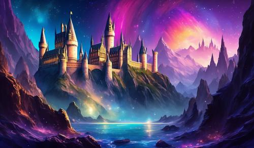 Hogwarts in a space background where we can see neptune and the lesbian pride flag