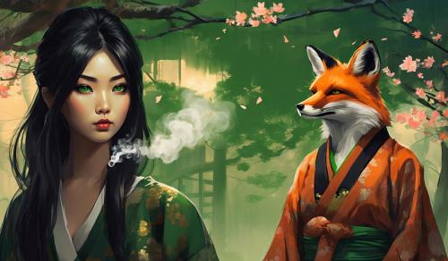 Fox with a girl in japan with black hair and green eyes smoking