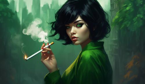 Black hair green eye girl smoking 