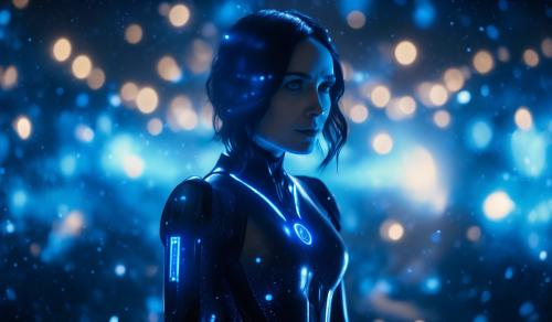 Cortana standing over a galaxy facing forward