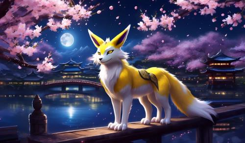 Renamon female looking at viewer smiling night full moon cherry blossom