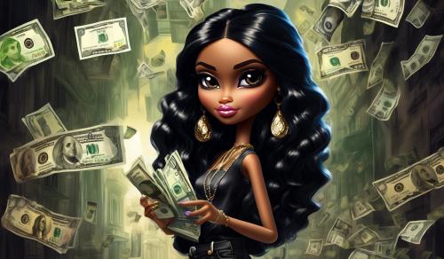 black hair bratz doll with blunk and money in her hand 