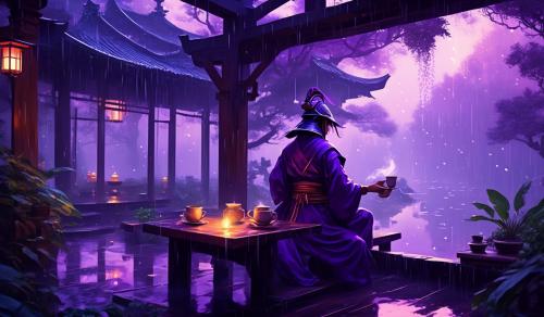 PurpleSamurai Enjoying coffe in a house surrounded by a forest raining