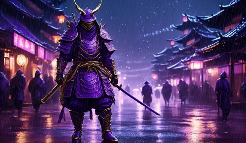 Purple armored samurai with gold chains and teeth walking through a night city with rain 