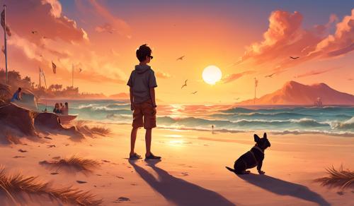 boy and Frenchie in sunglasses standing on a beach while the sun is setting and the world is ending