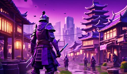 Purple armored samurai in a fortnite city