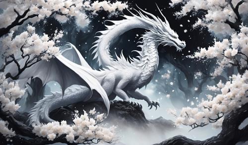 White and black dragon inbetween white blosom tree