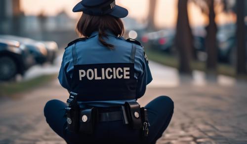 Policewoman squatting, back view