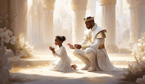 young crowned prince dressed in all white kneels down and plays and laughs with a little pooe girl child