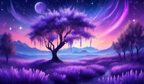 Lavender flowers, willow tree, stars, moon, aurora borealis 