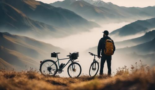  mountain with one man standing on itwith a bike 