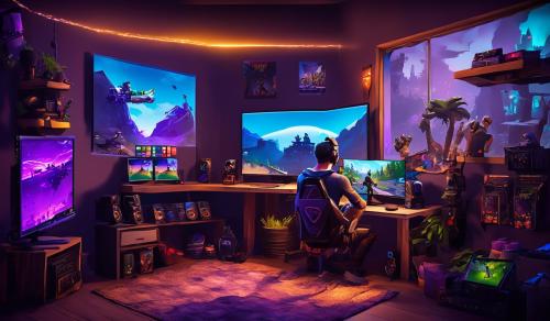 guy sitting in his gaming room play fortnite with 3 moniters and good pc