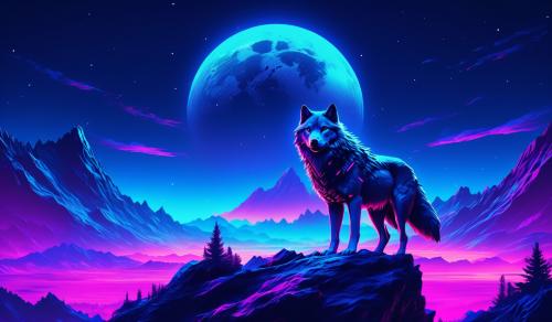 A wolf on top of a hill in the dark blue glowing night sky