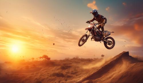 Sunset with a dirt bike in the air on a jump