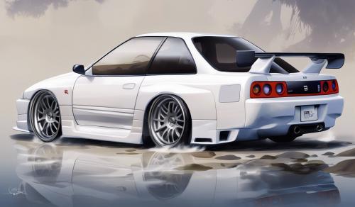 Crea un nissan r33 blanco ultra realista