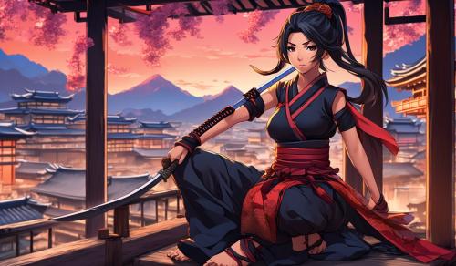 female kunoichi worrier holding sword with sitting on the terrace on the building from future in traditional attire