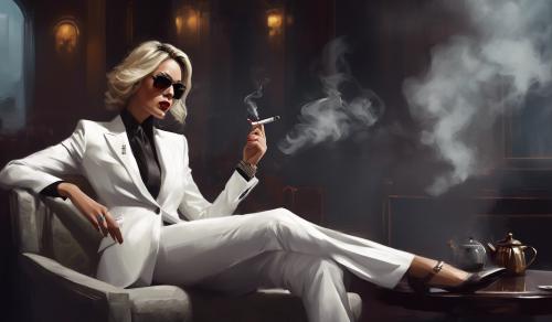 Woman mafia boss, white suit, smoking