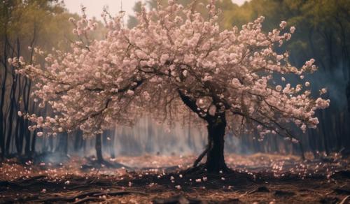 ah blossom tree in the middle of ah burned down forest