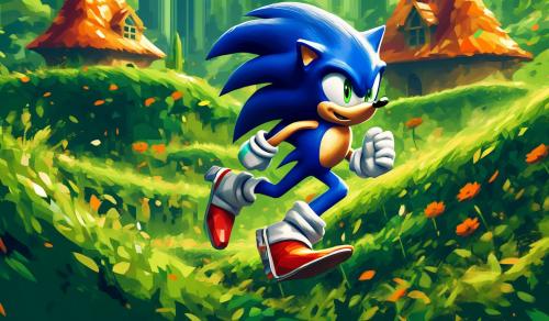 2d image of sonic running in green hills with bright colors and old pixel type graphics