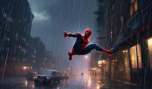 rain, dark sky , spiderman swinging, 