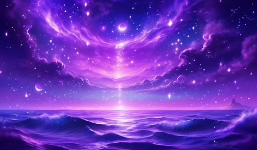 purple ocean with purple heart stars in the sky