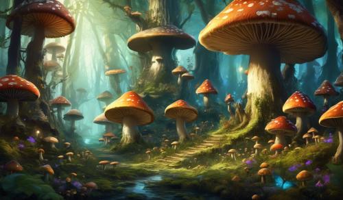 magic fantasy forest filled with mushrooms and fantasy creatures