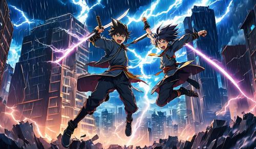 two swords jumping of a buildings in a storm with lightning in the background