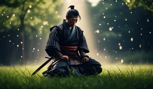 Samurai on his knees,dramatic,thundering,lighting,grassy,windy,ultra realistic