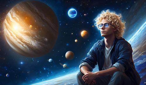 a 5,8 male with glasses and 7 inches of curly blonde hair growing towards his shoulders, with blue eyes. sitting on earth as it moves through the solar system. with a stary background