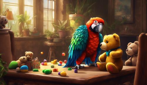 A parrot and a Teddy bear playing games