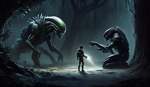 Alien hurting human while human vs predator human hero never alone