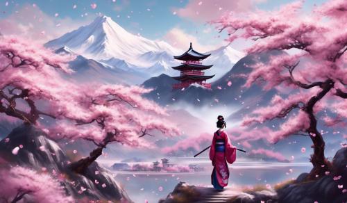 snowy mountains, cherry blossom tree, cherry blossoms floating in air, geisha holding a sword, hyper realistic, fantasy 