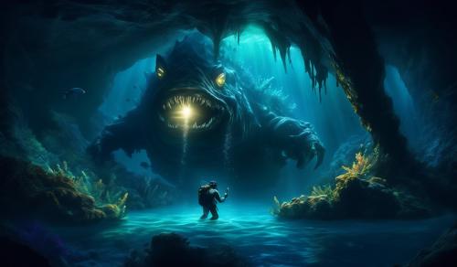 underwater cave, with a monster lurking in the dark, with a diver holding a flashlight, in a tight space, fantasy, hyper realistic 