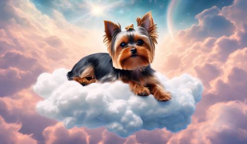 yorkie laying on a cloud, hyper realistic, fantasy