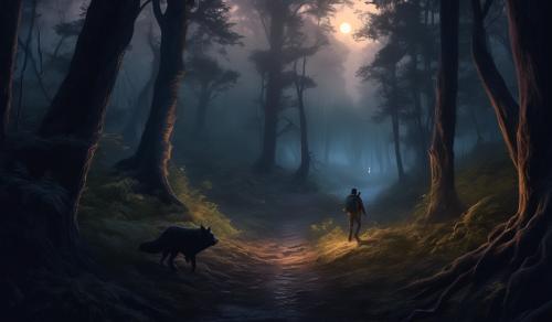 hiker lost in the woods at twilight, being pursued by a dark figure, animals around, the hiker looks scared, hyper realistic, fantasy 