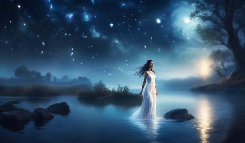 Romantic woman in white dress with thorch at night at a river