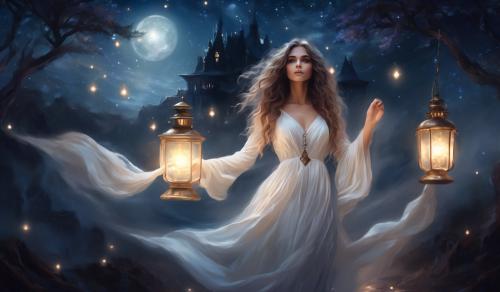 Romantic witch with long curly waving hair and a lantern in white dress at night