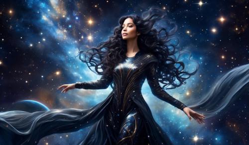 curvy Space-Woman in romantic space suit with romantic spacsuite long flowing black curls weightless in the Starfield