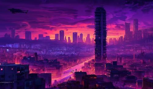 el centro de bogota con un estilo cyberpunk y un atardecer con tonos moradosy